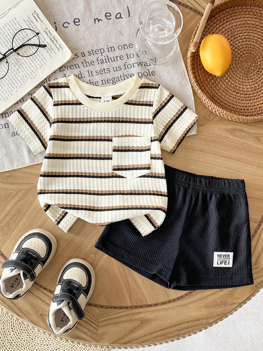 Infant Toddler Boys' Summer Outfit: Striped Waffle Tee and Letter Patch Shorts