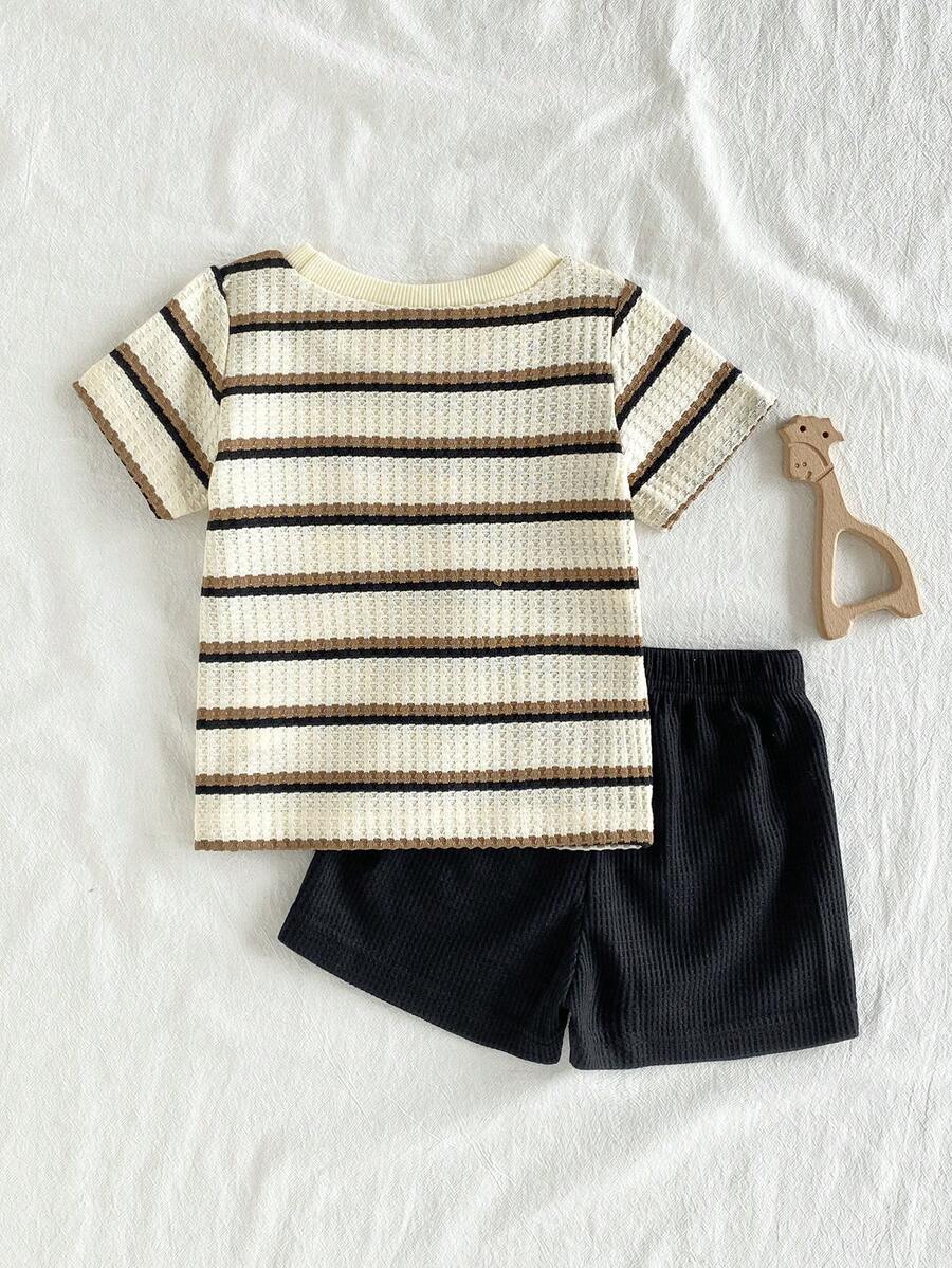 Infant Toddler Boys' Summer Outfit: Striped Waffle Tee and Letter Patch Shorts