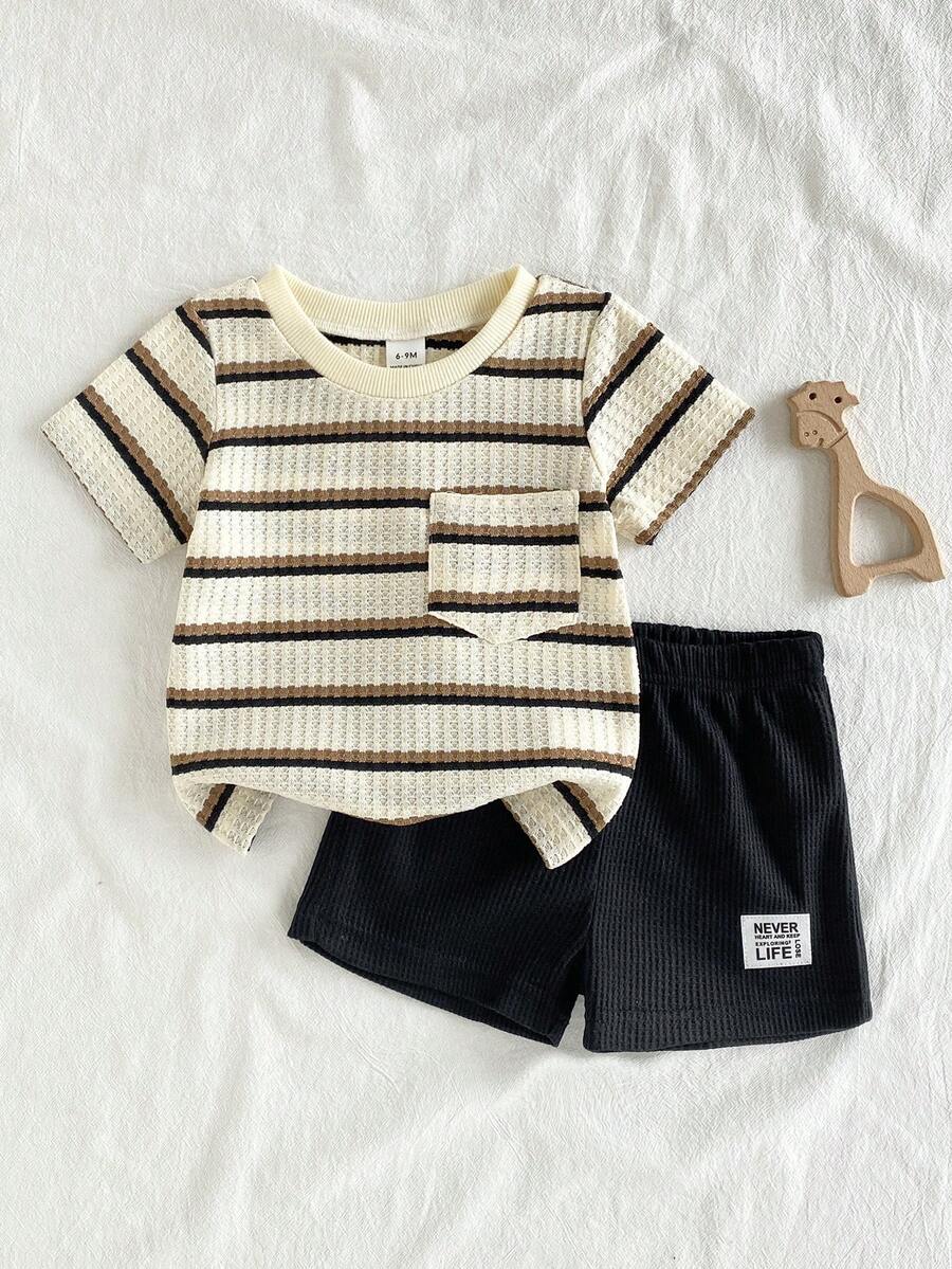 Infant Toddler Boys' Summer Outfit: Striped Waffle Tee and Letter Patch Shorts