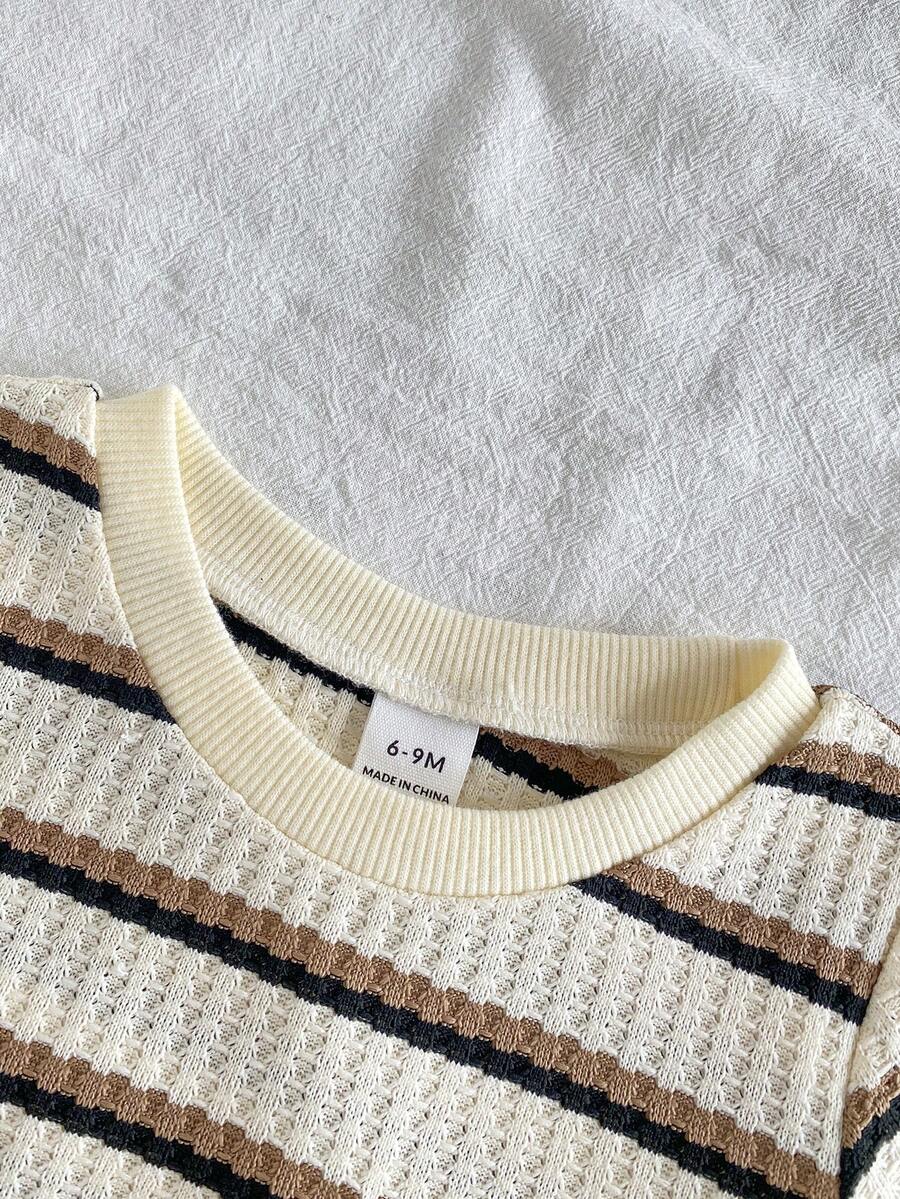 Infant Toddler Boys' Summer Outfit: Striped Waffle Tee and Letter Patch Shorts