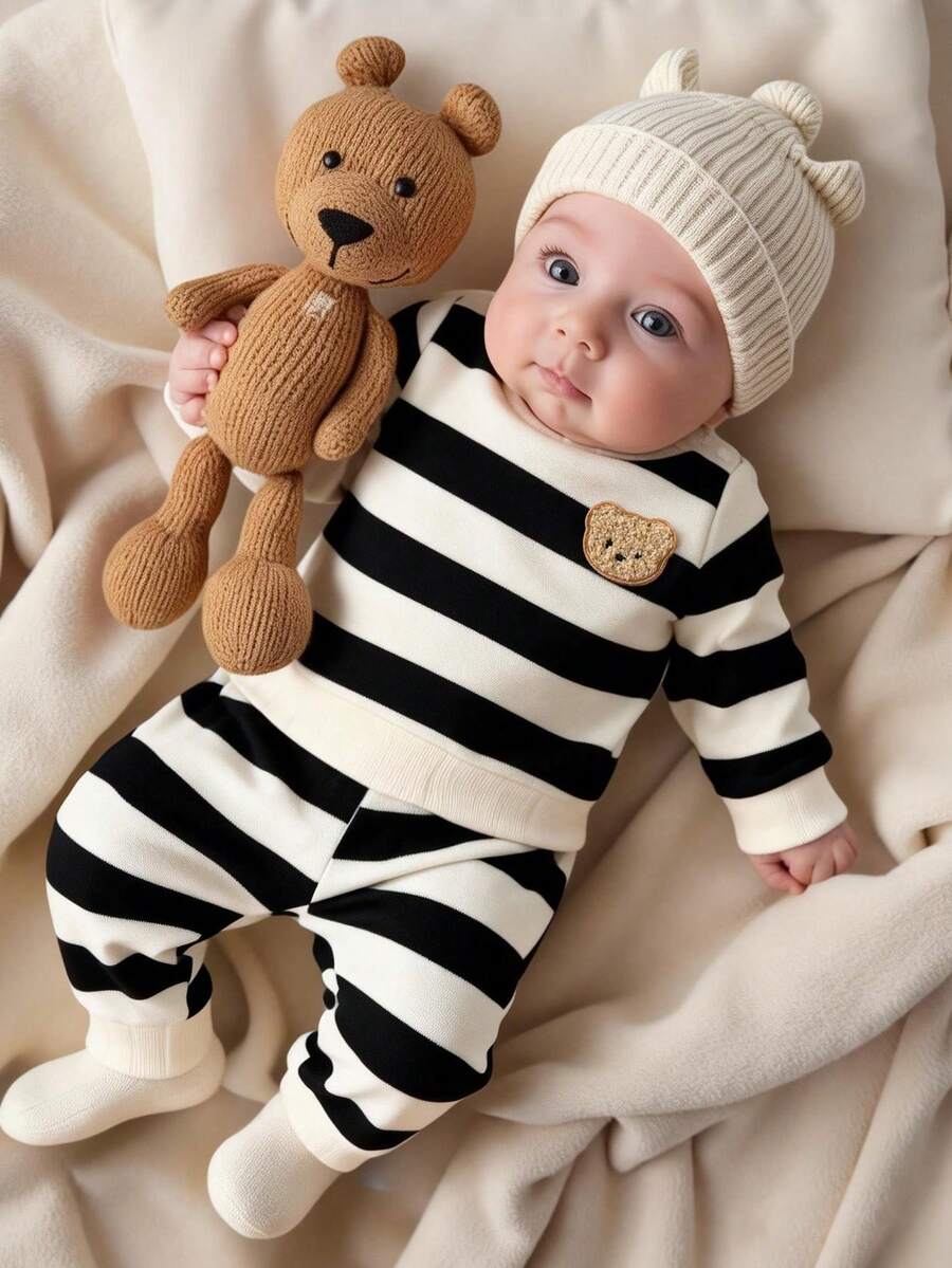 Baby Boy Black and White Striped Teddy Bear Top and Pants Set