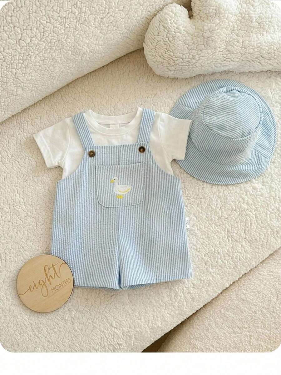 2PCS Baby Duck Striped Sleeveless Romper and Hat Set for Cute Summer Daily Wear