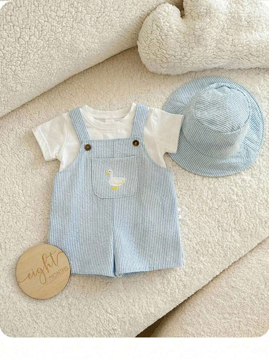 2PCS Baby Duck Striped Sleeveless Romper and Hat Set for Cute Summer Daily Wear