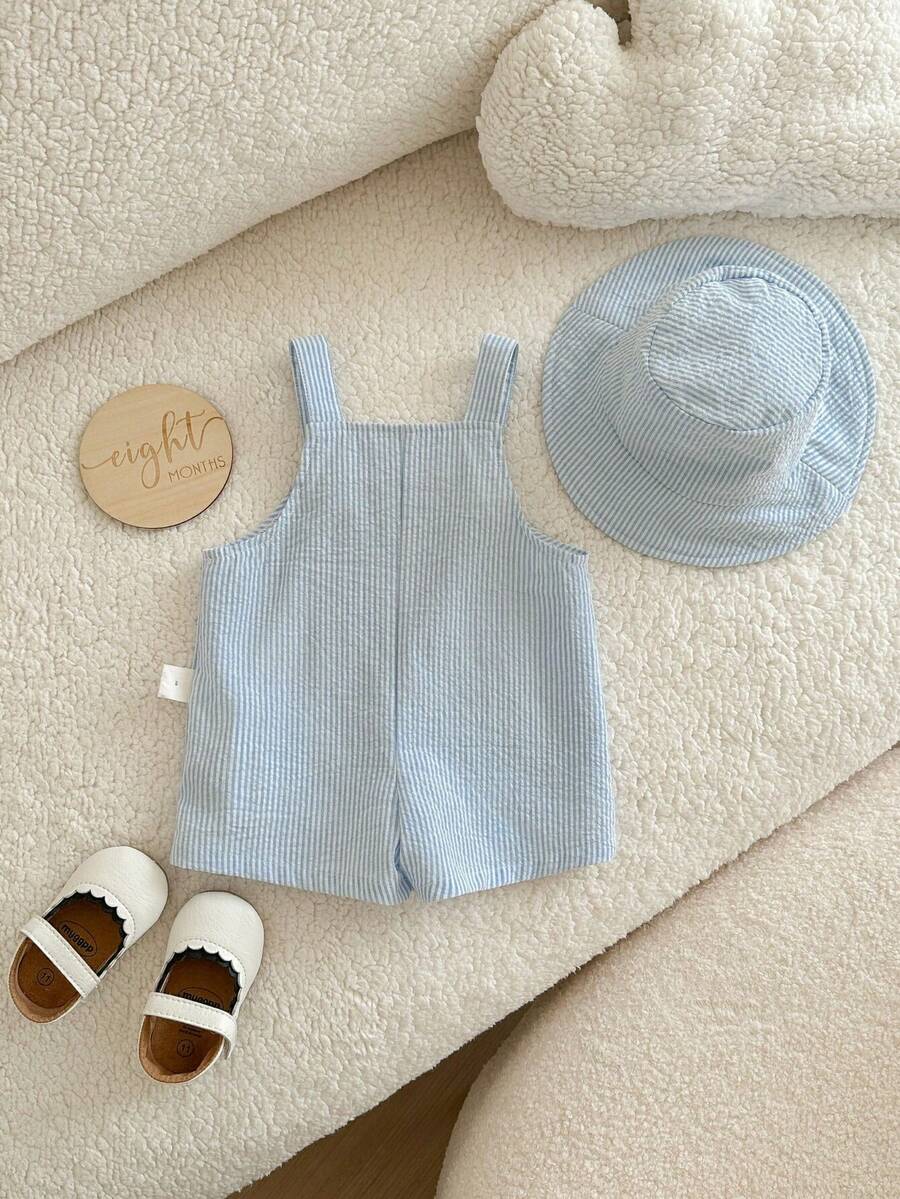 2PCS Baby Duck Striped Sleeveless Romper and Hat Set for Cute Summer Daily Wear
