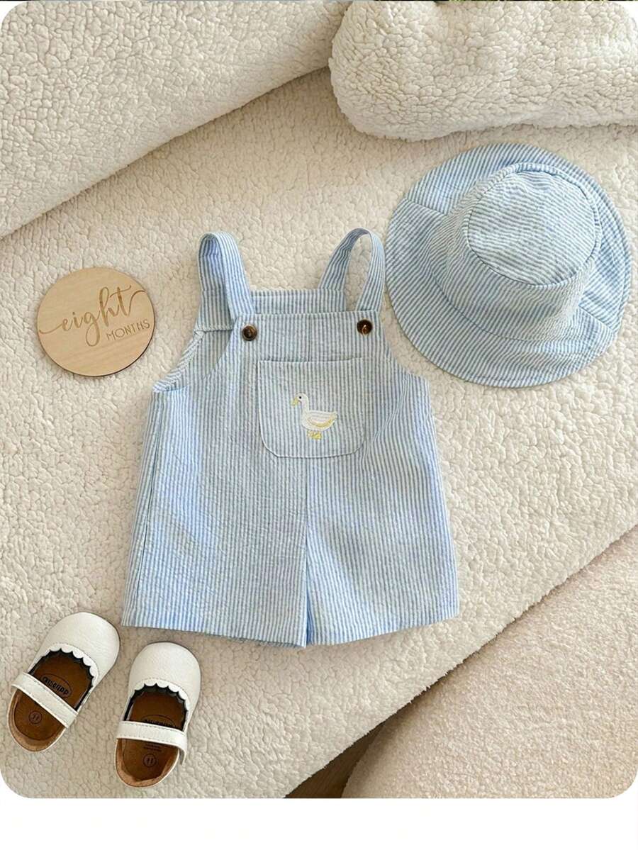 2PCS Baby Duck Striped Sleeveless Romper and Hat Set for Cute Summer Daily Wear