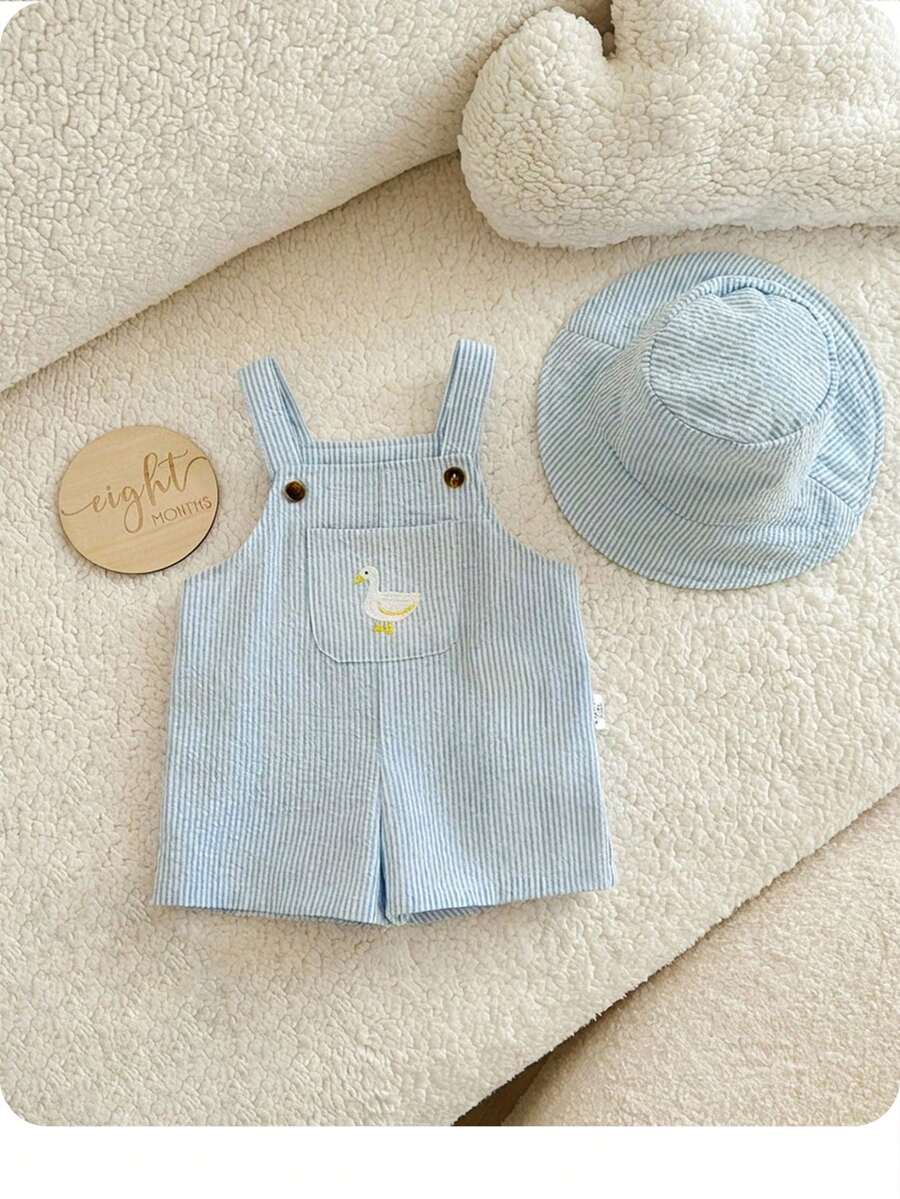 2PCS Baby Duck Striped Sleeveless Romper and Hat Set for Cute Summer Daily Wear