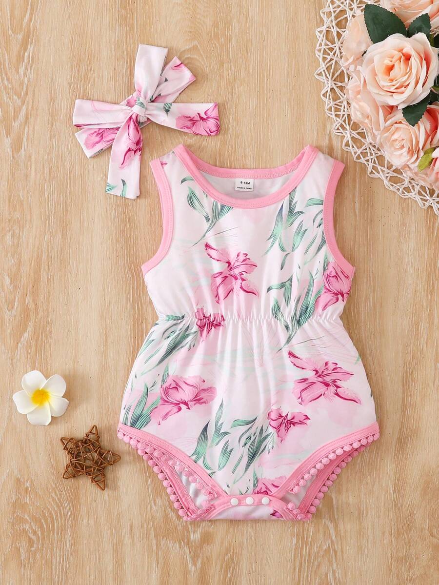Baby Girl Floral Print Bodysuit With Matching Headband Cute Everyday Outfit