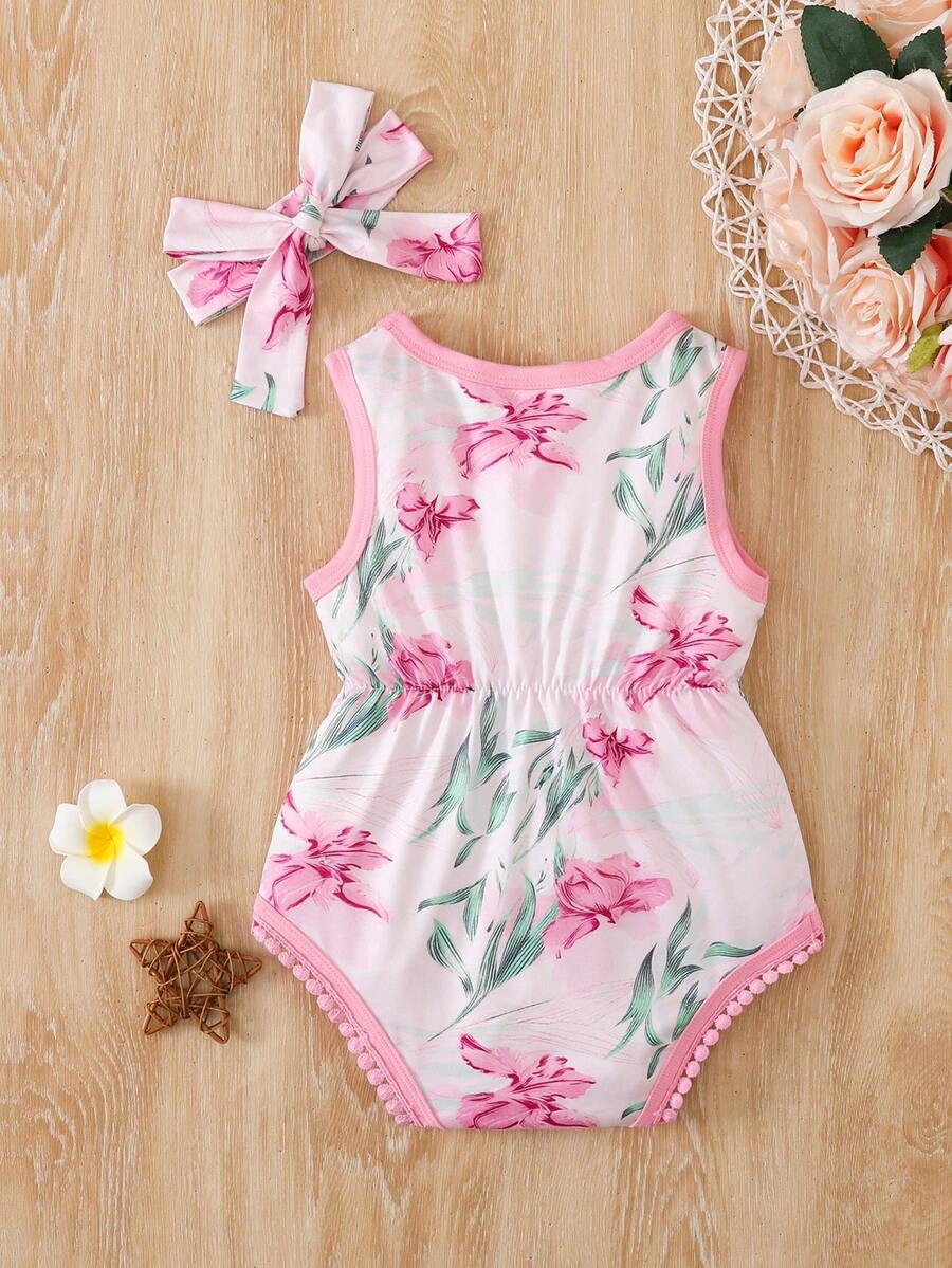 Baby Girl Floral Print Bodysuit With Matching Headband Cute Everyday Outfit