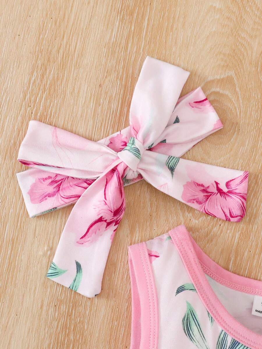 Baby Girl Floral Print Bodysuit With Matching Headband Cute Everyday Outfit