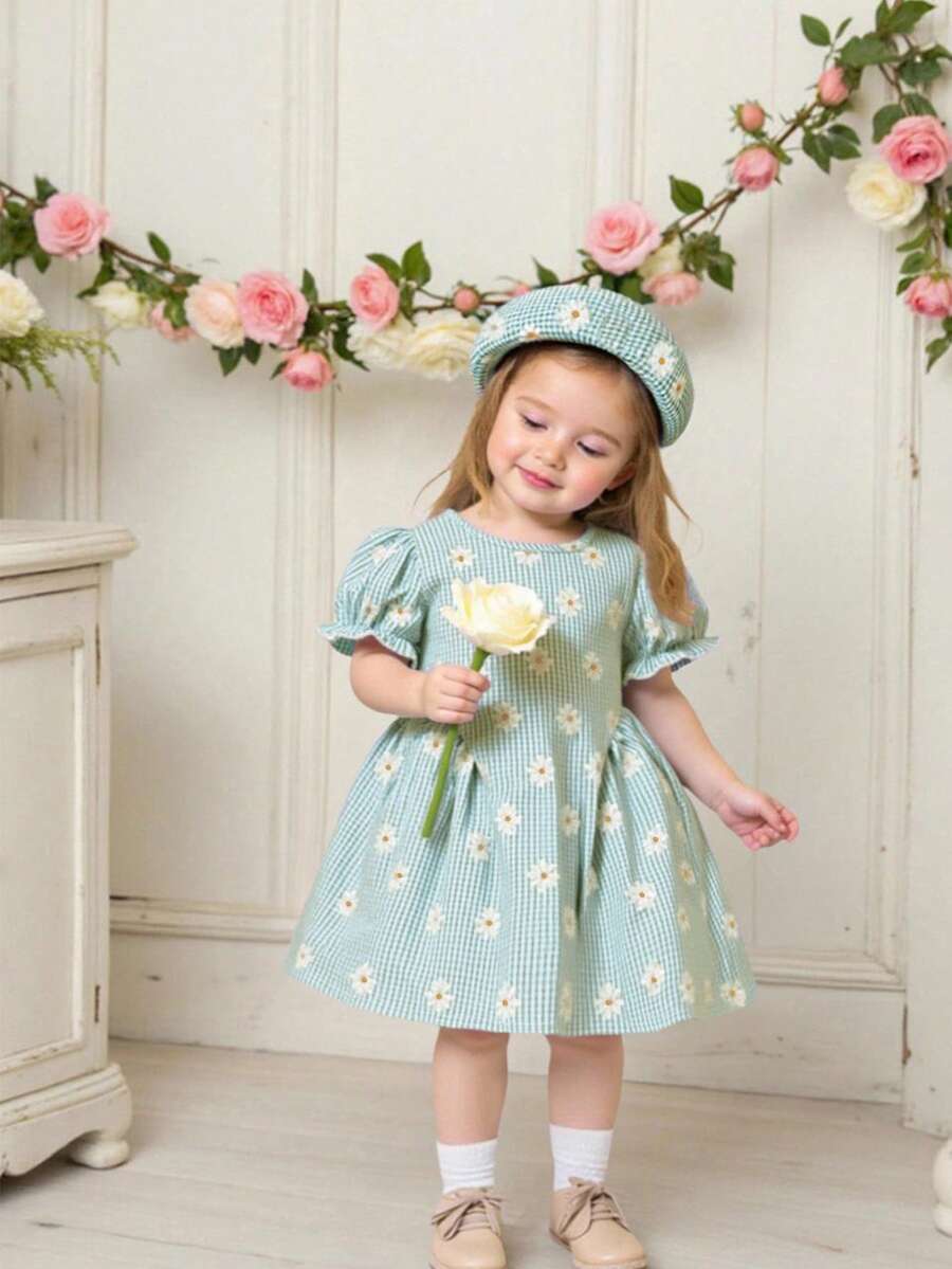 Baby Girls Cherry Plaid Dress And Beret Hat Set Cute Summer Vacation Outfit