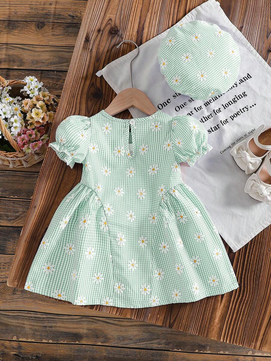 Baby Girls Cherry Plaid Dress And Beret Hat Set Cute Summer Vacation Outfit