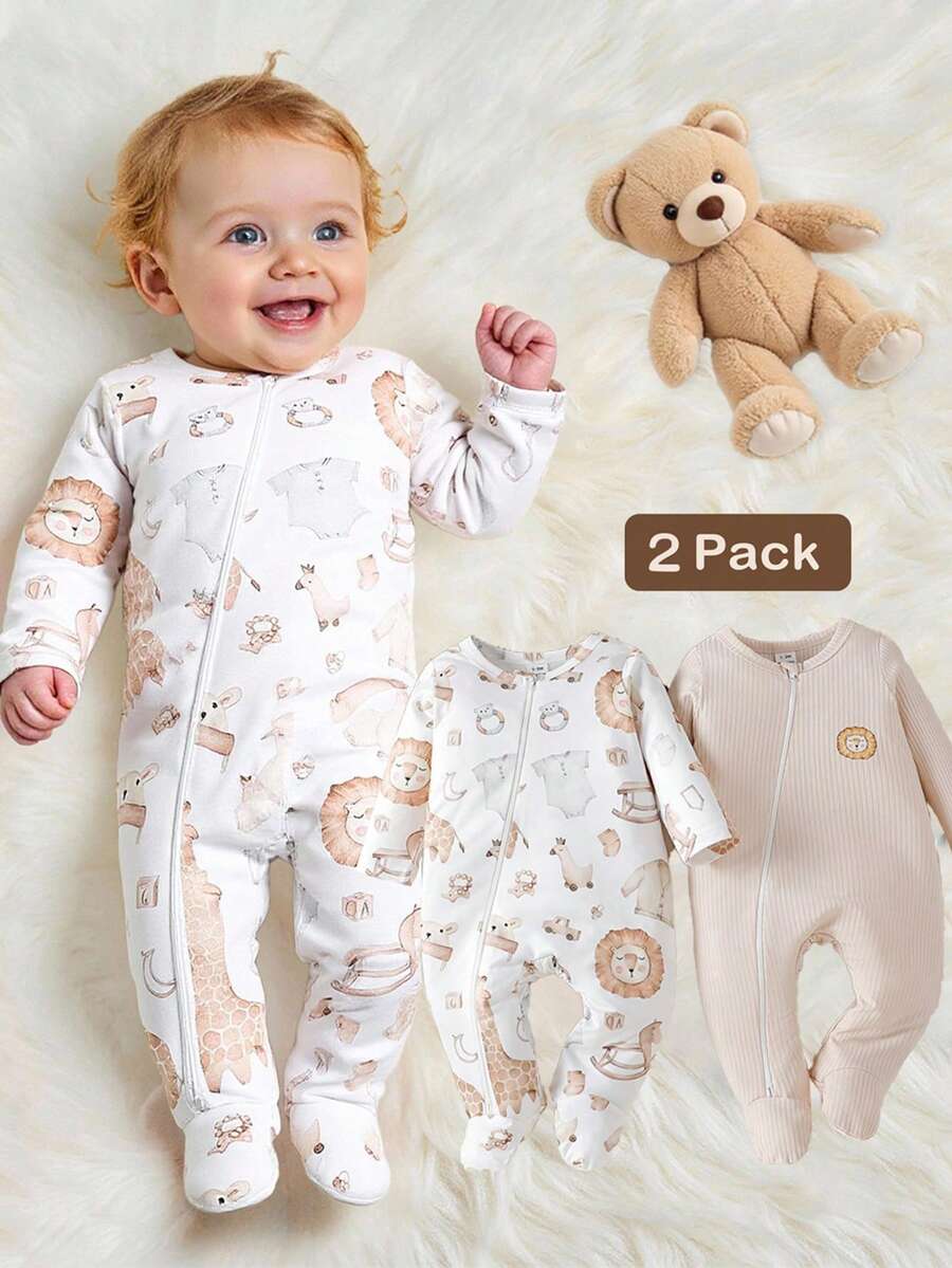 2PCS Baby Elephant Print Long Sleeve Romper Set for Cozy Autumn and Winter Wear
