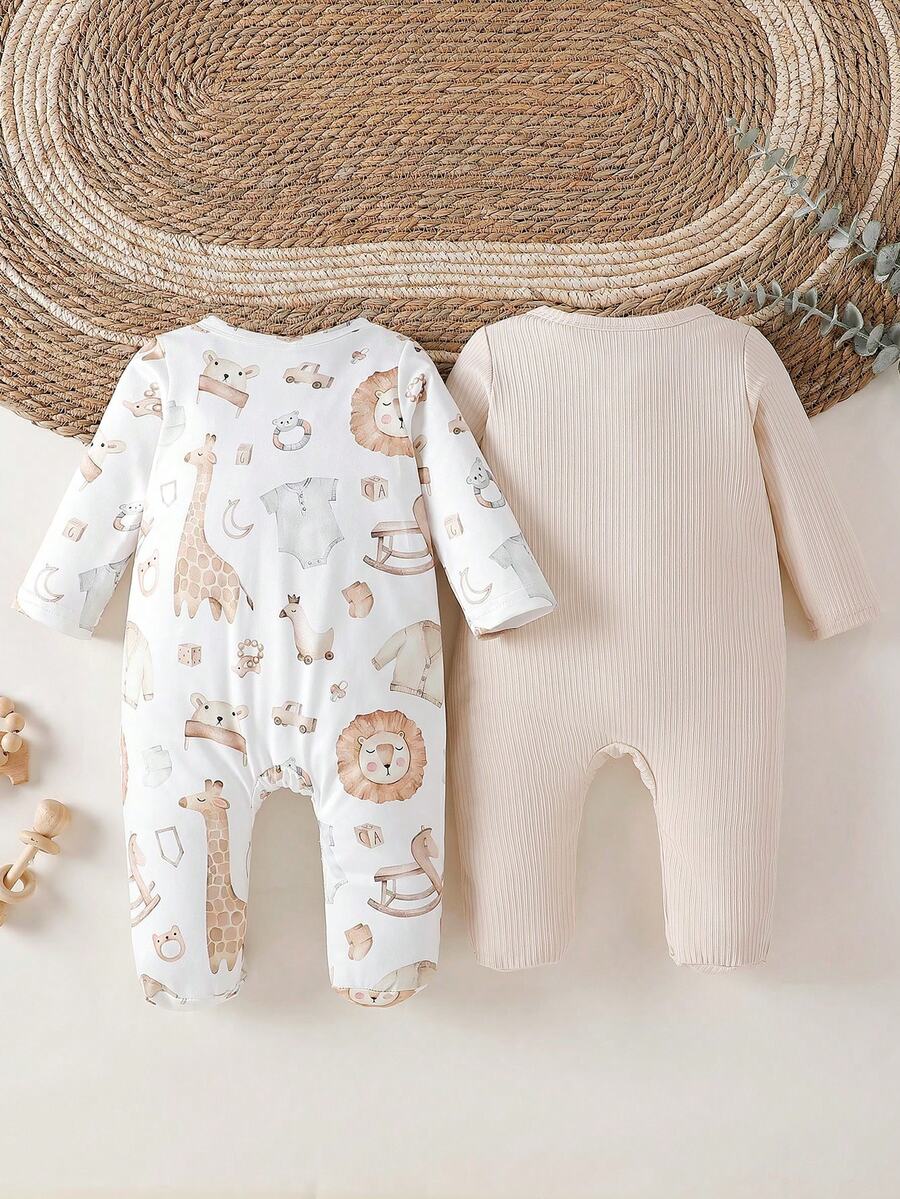 2PCS Baby Elephant Print Long Sleeve Romper Set for Cozy Autumn and Winter Wear