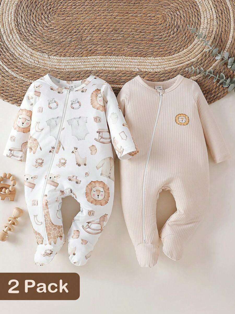 2PCS Baby Elephant Print Long Sleeve Romper Set for Cozy Autumn and Winter Wear