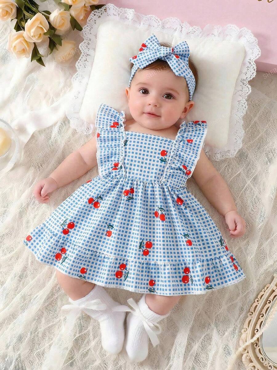 2PCS Baby Strawberry Plaid Dress and Bow Headband Set for Cute Spring and Summer Outings