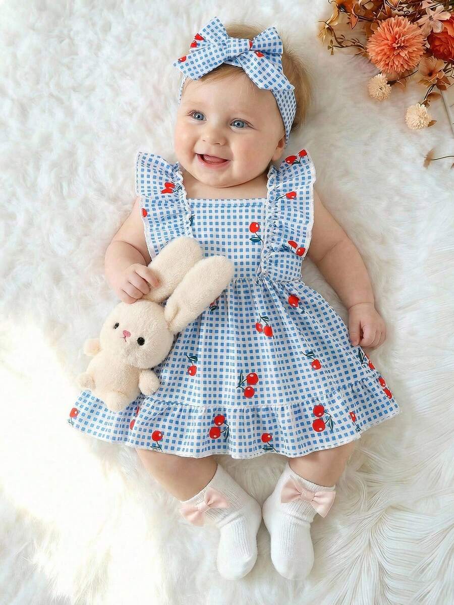 2PCS Baby Strawberry Plaid Dress and Bow Headband Set for Cute Spring and Summer Outings