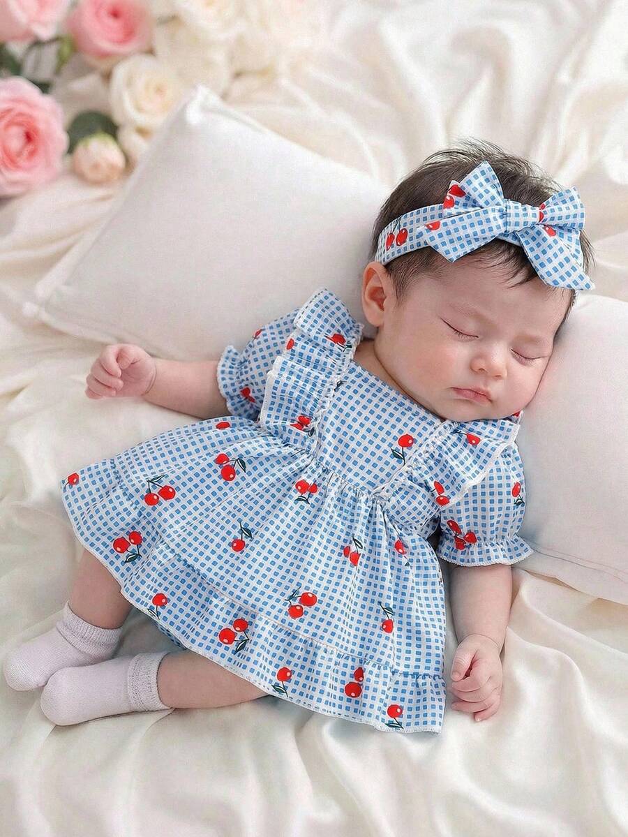 2PCS Baby Strawberry Plaid Dress and Bow Headband Set for Cute Spring and Summer Outings
