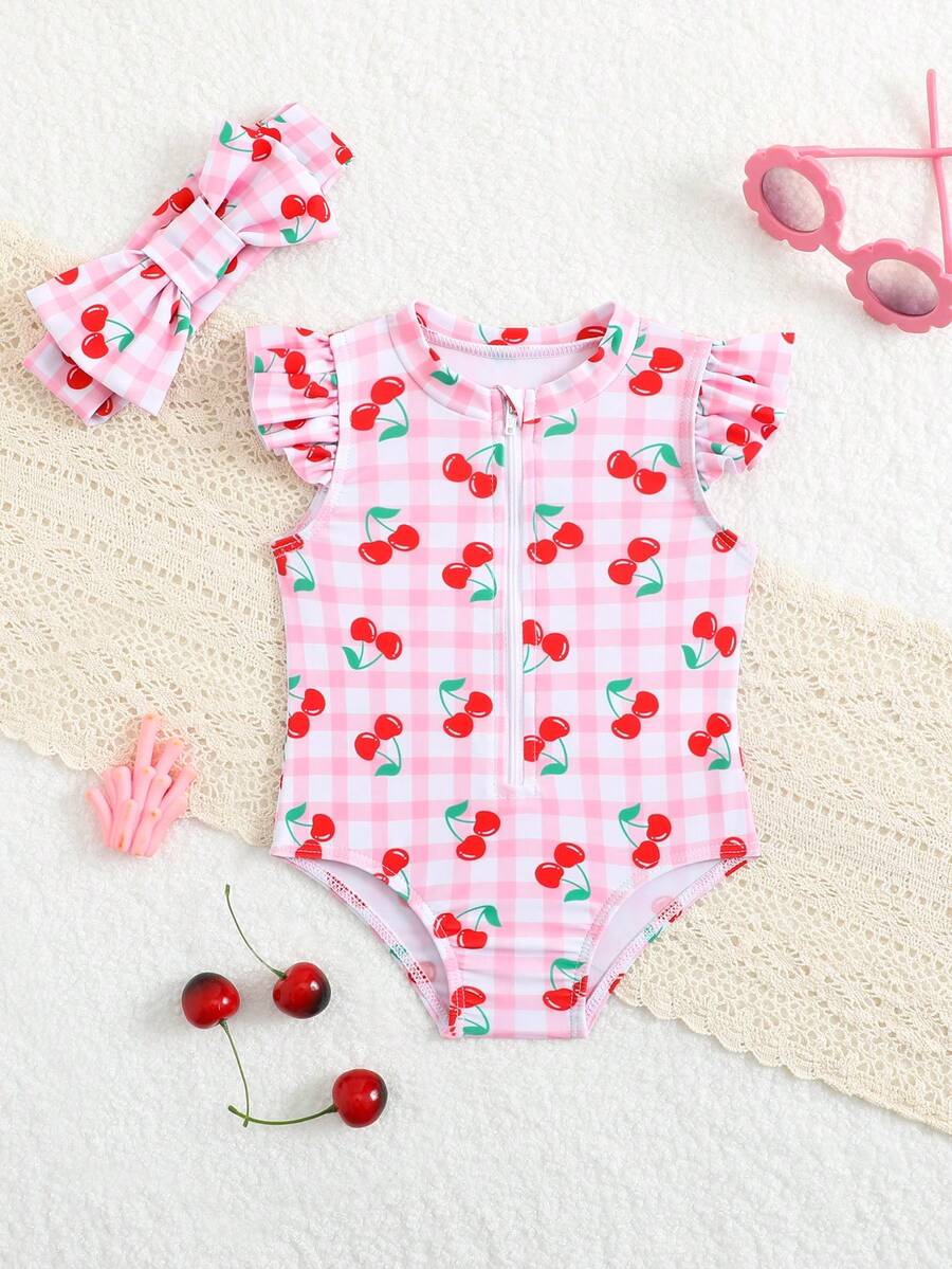 Baby Cherry Print Ruffle One-Piece Swimsuit for Vacation and Summer Play