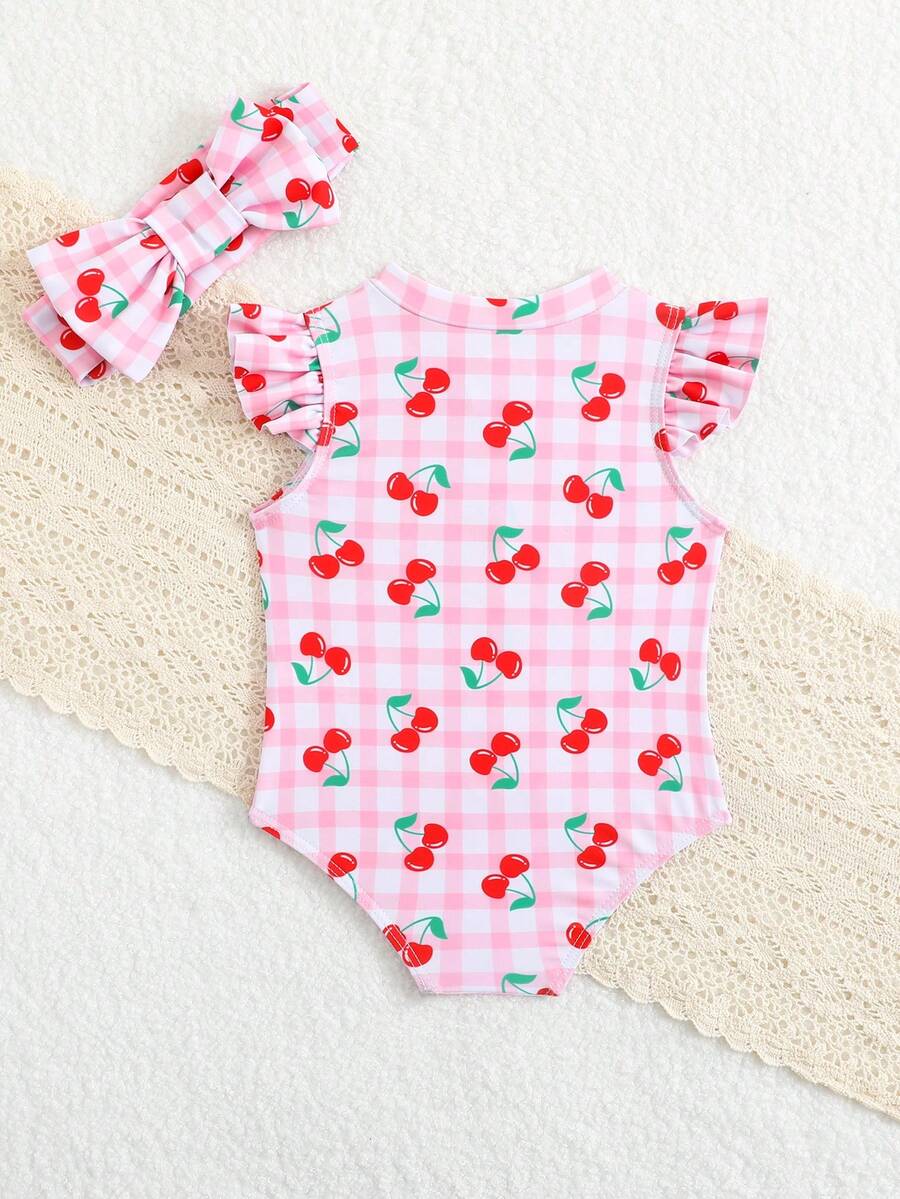 Baby Cherry Print Ruffle One-Piece Swimsuit for Vacation and Summer Play