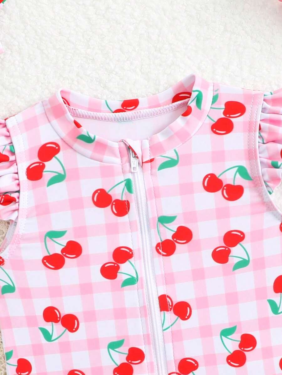 Baby Cherry Print Ruffle One-Piece Swimsuit for Vacation and Summer Play