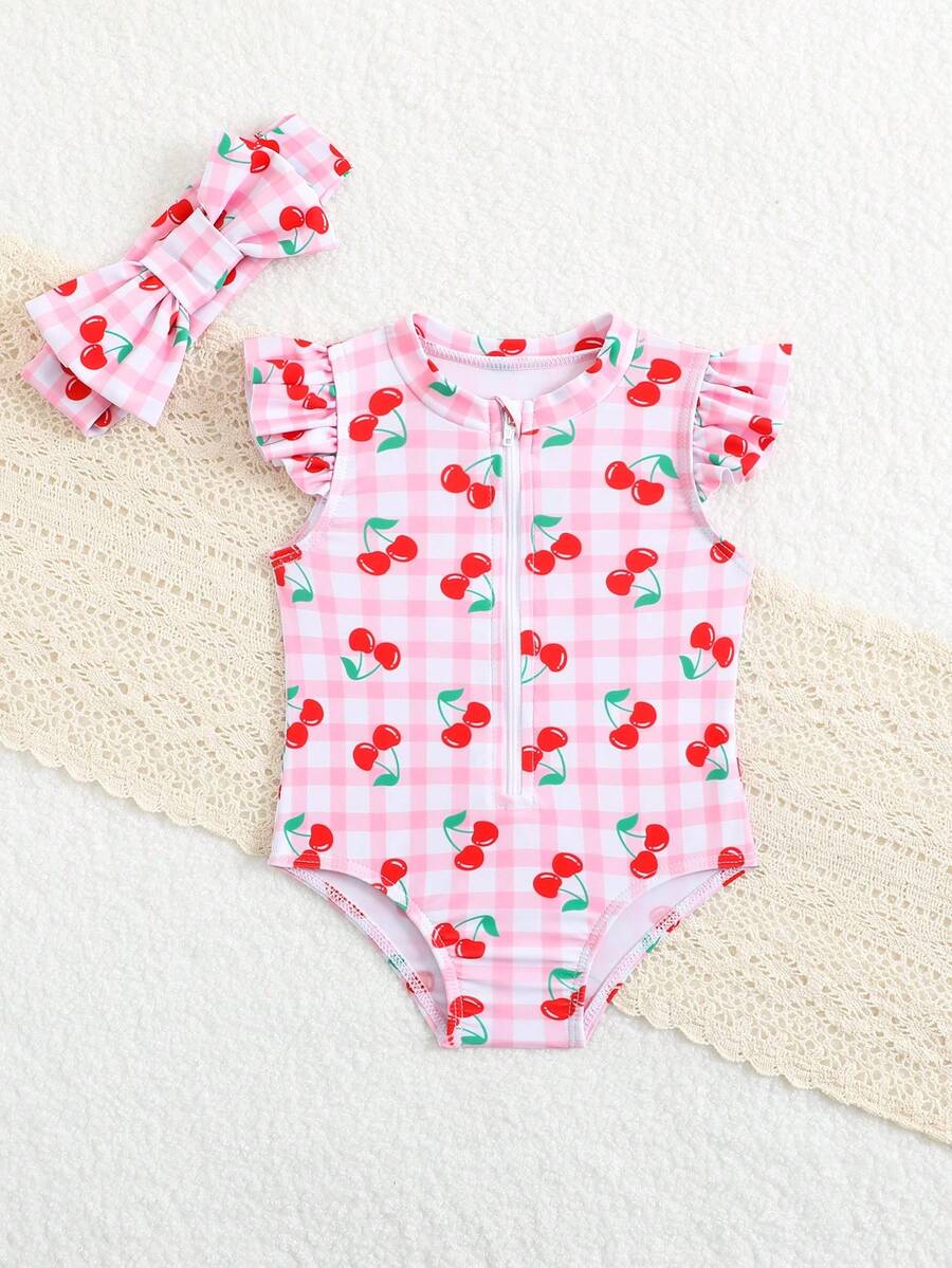Baby Cherry Print Ruffle One-Piece Swimsuit for Vacation and Summer Play
