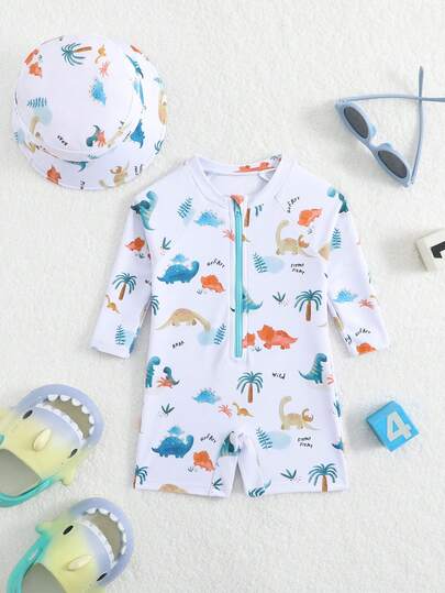 Baby Shark & Whale Print Long Sleeve Zipper Rash Guard Swimsuit with Matching Hat