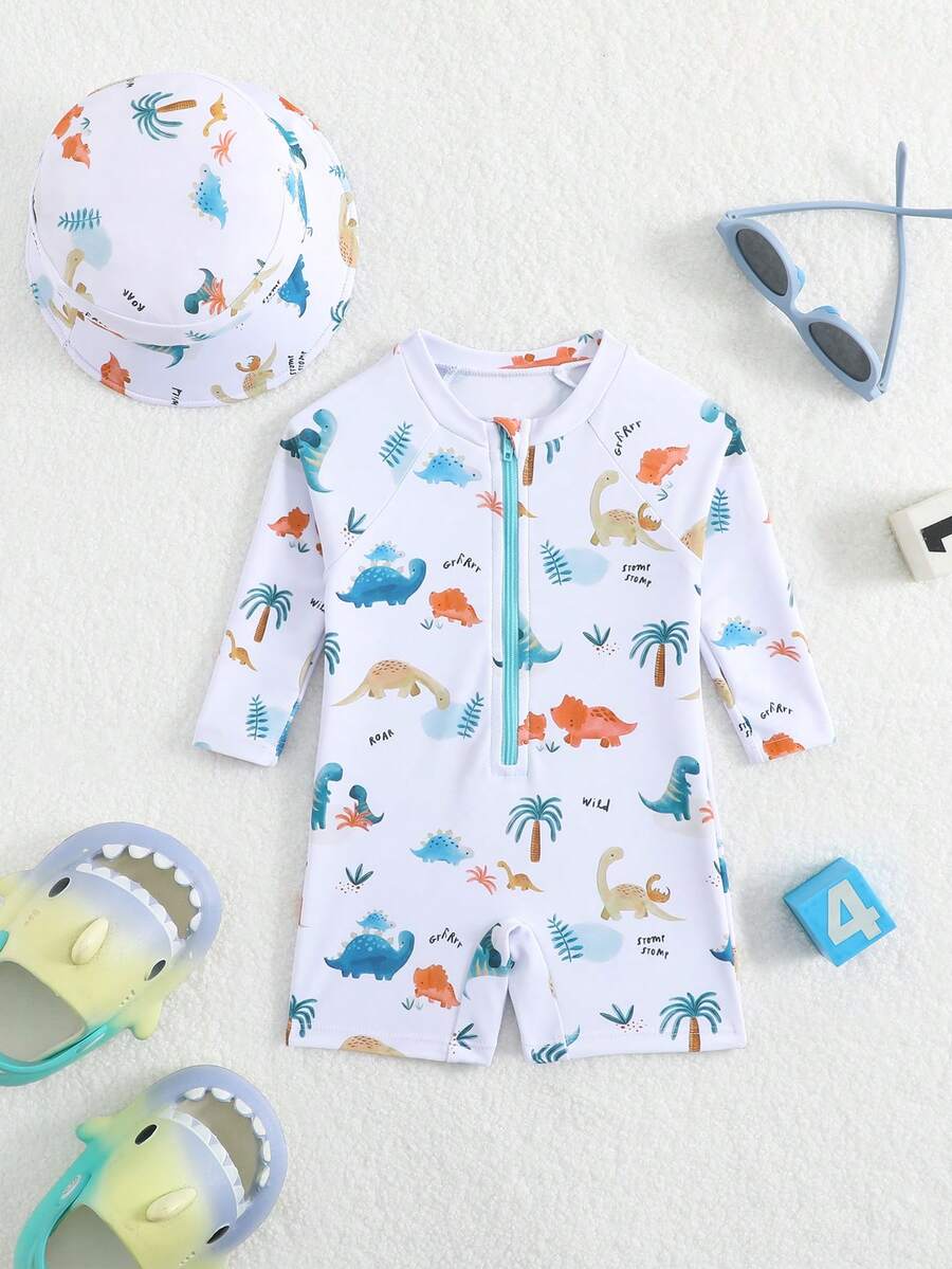 Baby Shark & Whale Print Long Sleeve Zipper Rash Guard Swimsuit with Matching Hat