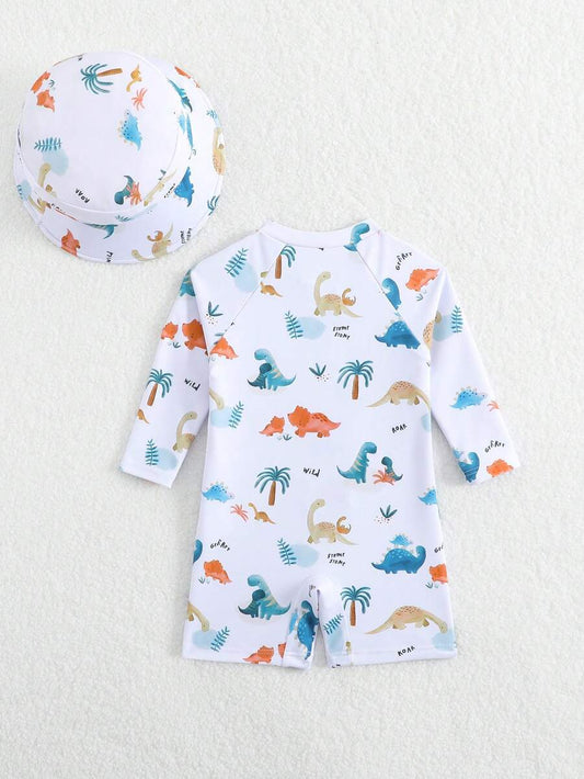 Baby Shark & Whale Print Long Sleeve Zipper Rash Guard Swimsuit with Matching Hat