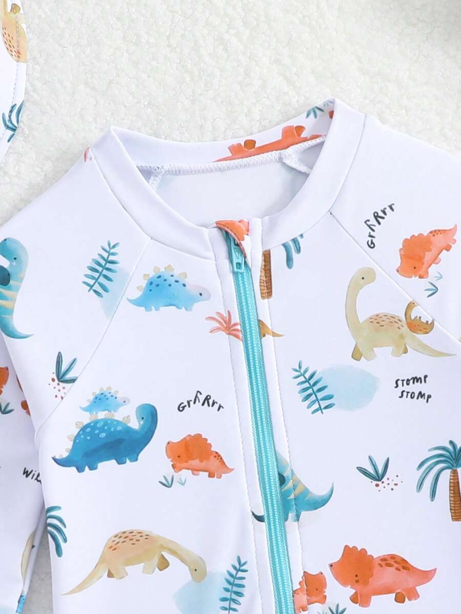 Baby Shark & Whale Print Long Sleeve Zipper Rash Guard Swimsuit with Matching Hat