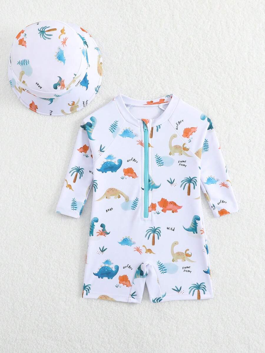 Baby Shark & Whale Print Long Sleeve Zipper Rash Guard Swimsuit with Matching Hat
