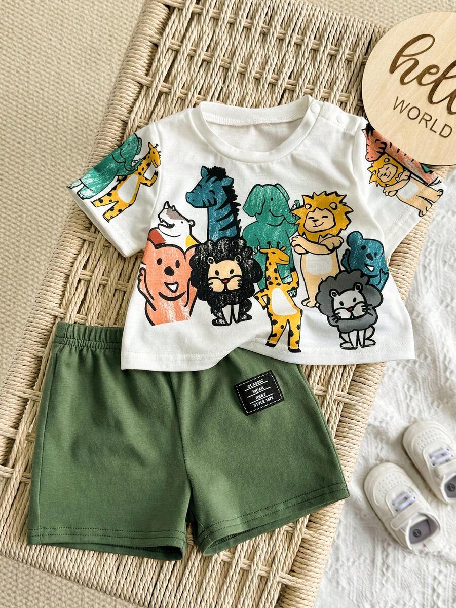 Newborn Boy & Girl Summer Knit Outfit -Cute Cartoon Bear Striped Shirt & Shorts Set