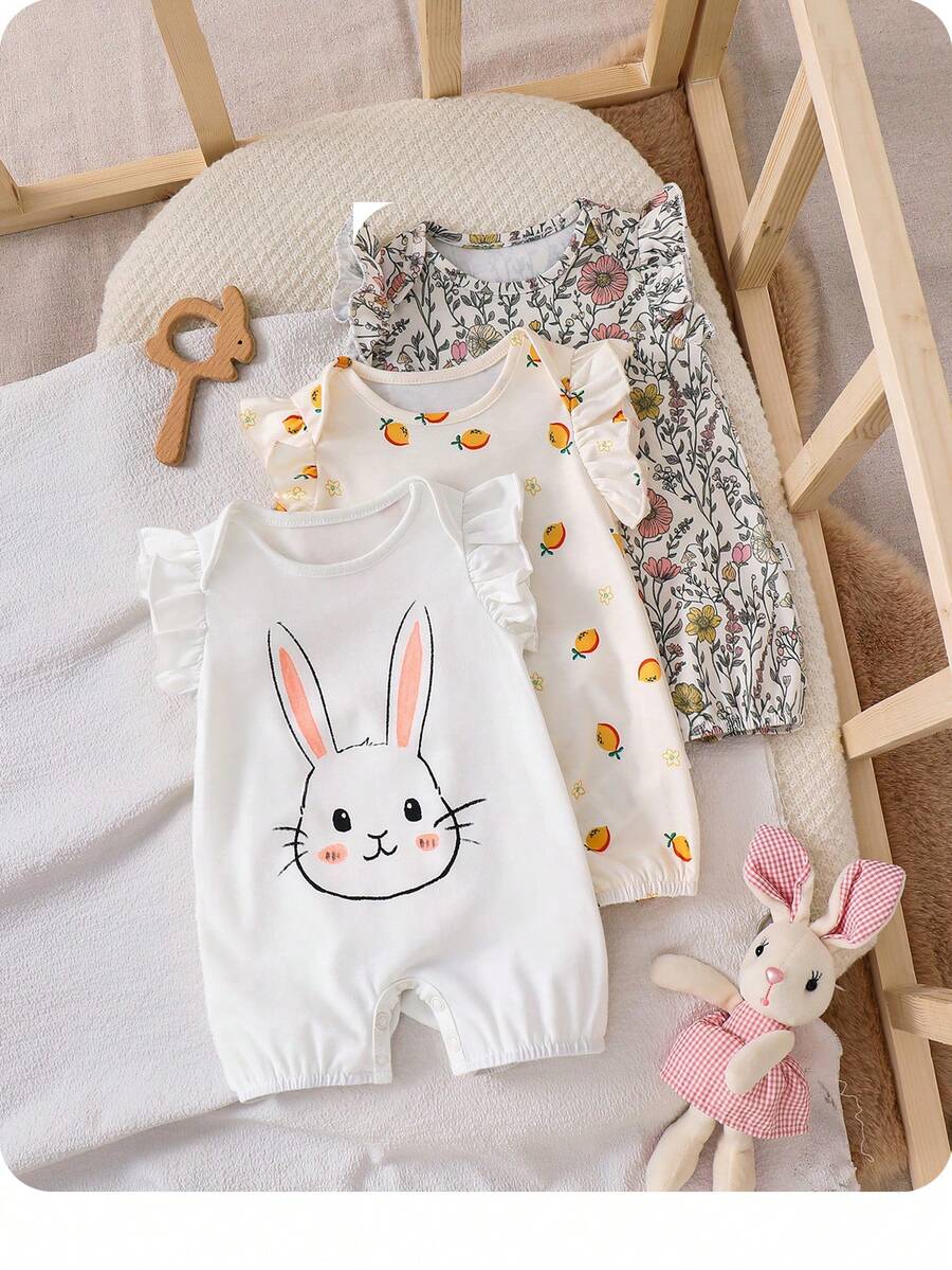 Newborn Soft Knit Summer Romper Set - 3pcs Cute Cartoon Graphic Outfits