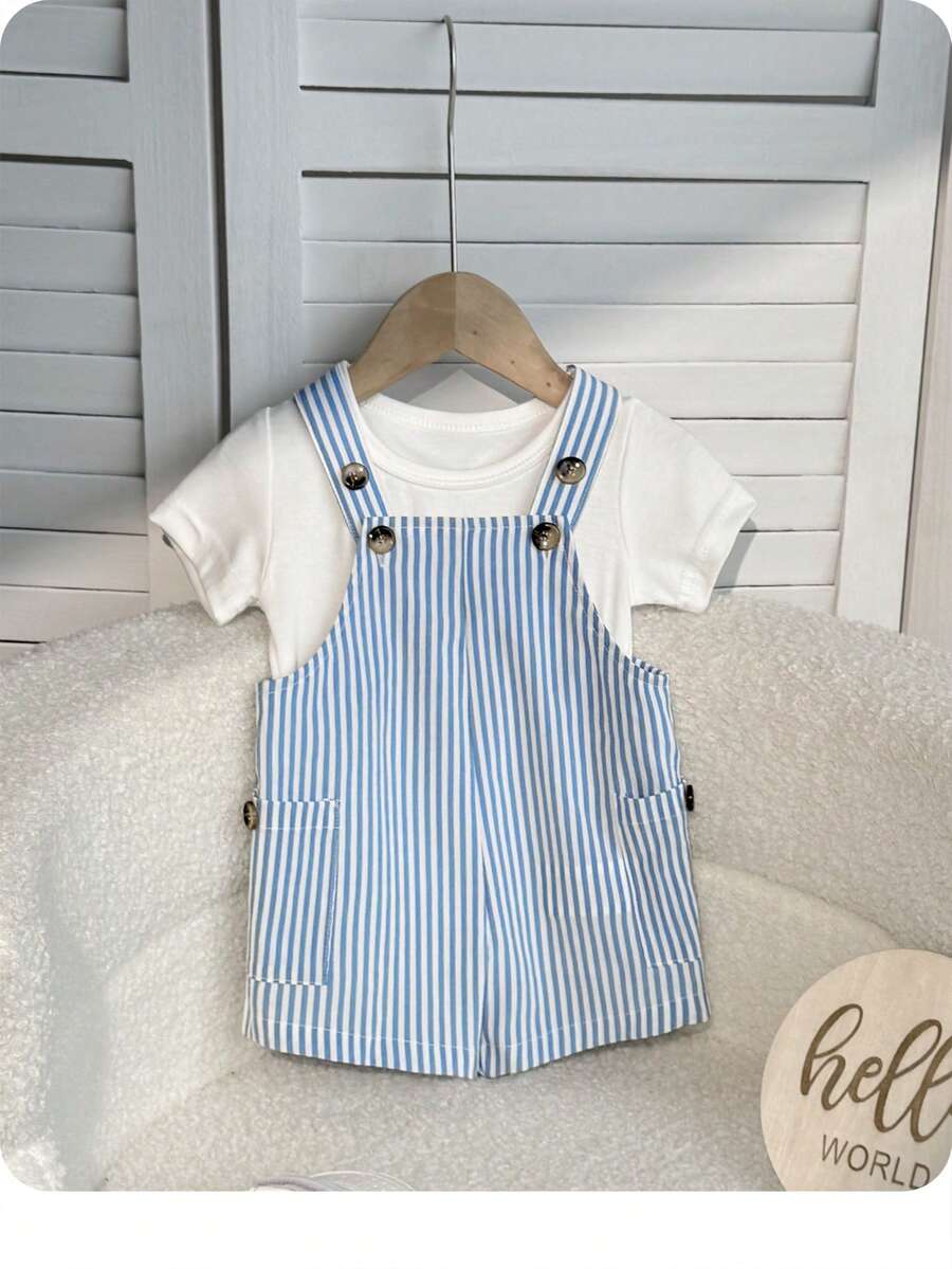 2PCS Baby Duck Striped Sleeveless Romper and Hat Set for Cute Summer Daily Wear