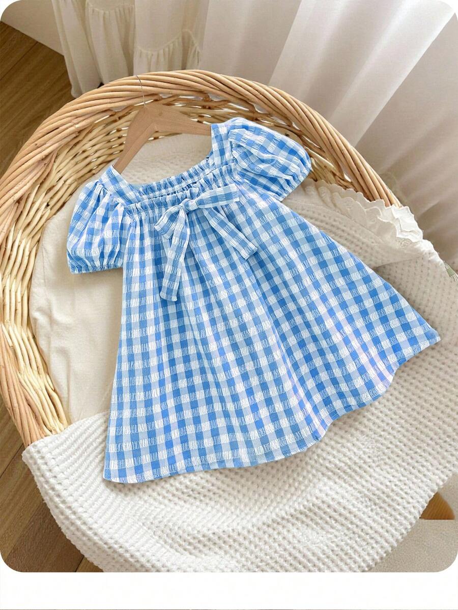 Baby Girl Plaid Bow Detail Short Sleeve Dress Cute Summer Vacation Outfit