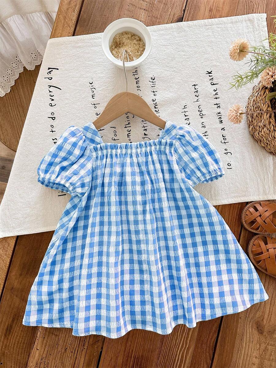 Green Plaid Short Sleeve Dress for Baby Girls - Cute Bow Accent Summer Outfit