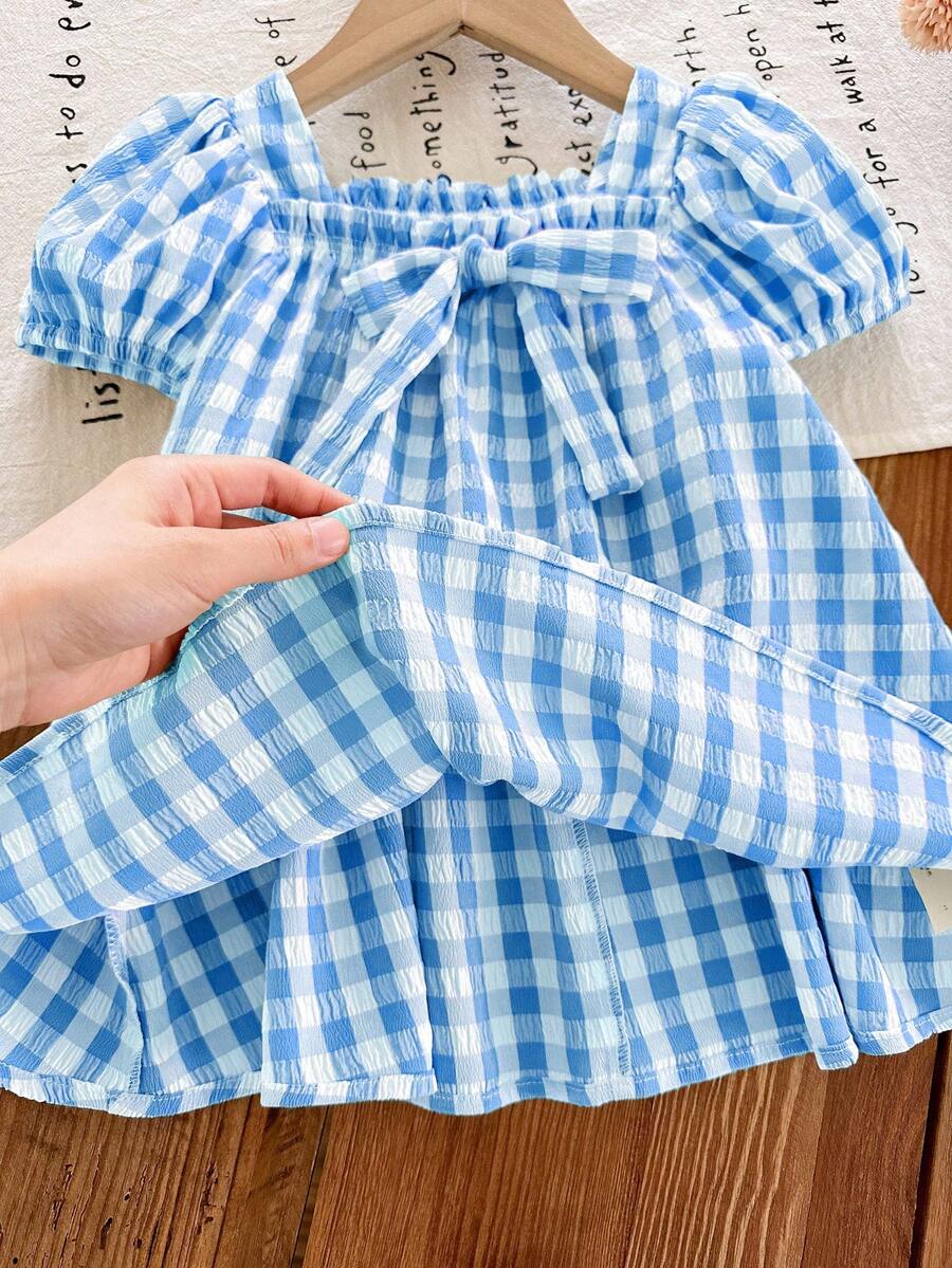 Baby Girl Plaid Bow Detail Short Sleeve Dress Cute Summer Vacation Outfit