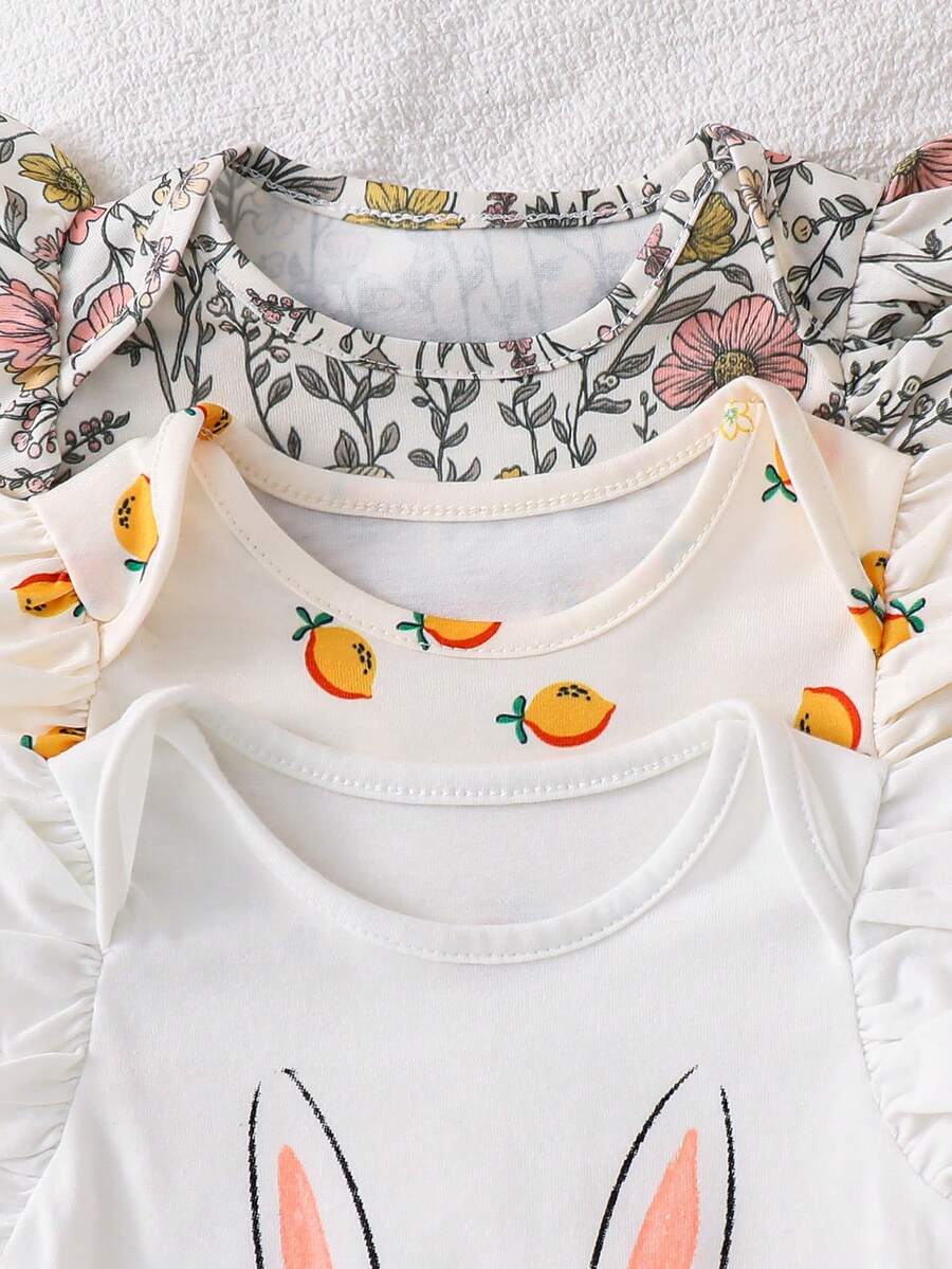 Newborn Soft Knit Summer Romper Set - 3pcs Cute Cartoon Graphic Outfits