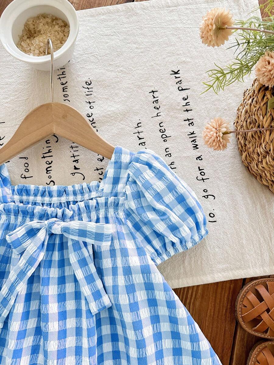 Baby Girl Plaid Bow Detail Short Sleeve Dress Cute Summer Vacation Outfit