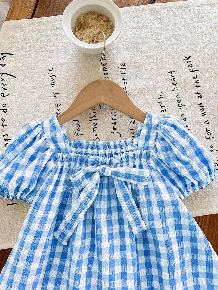 Baby Girl Plaid Bow Detail Short Sleeve Dress Cute Summer Vacation Outfit