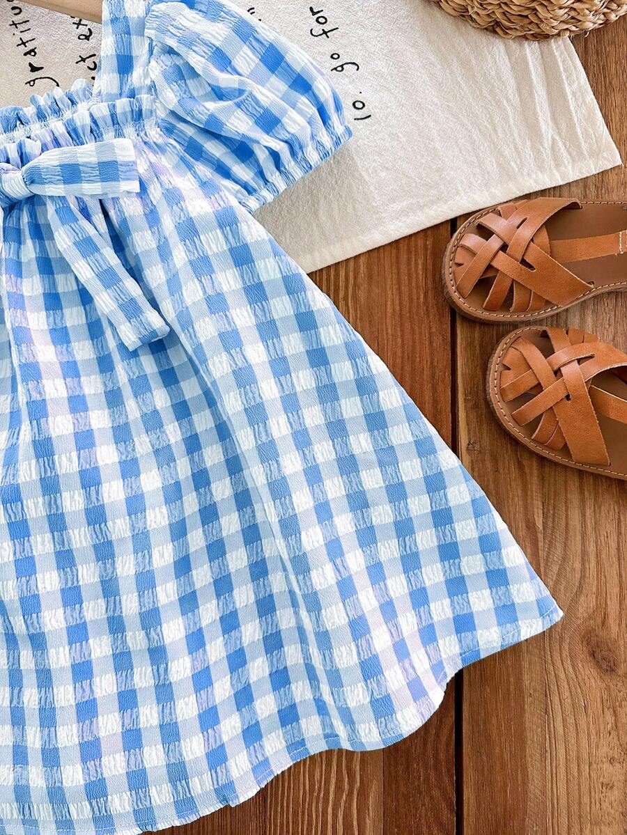 Baby Girl Plaid Bow Detail Short Sleeve Dress Cute Summer Vacation Outfit