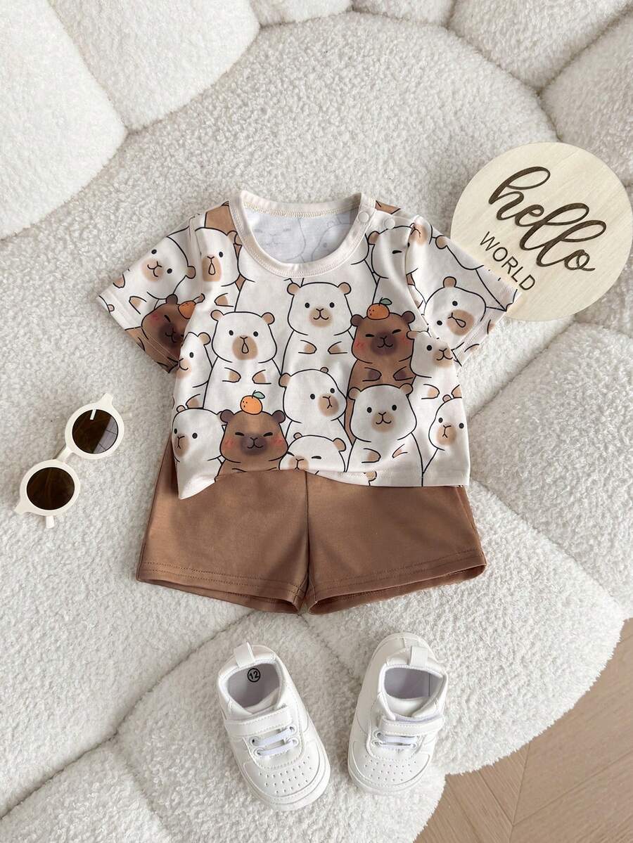 Newborn Boy & Girl Summer Knit Outfit -Cute Cartoon Bear Striped Shirt & Shorts Set