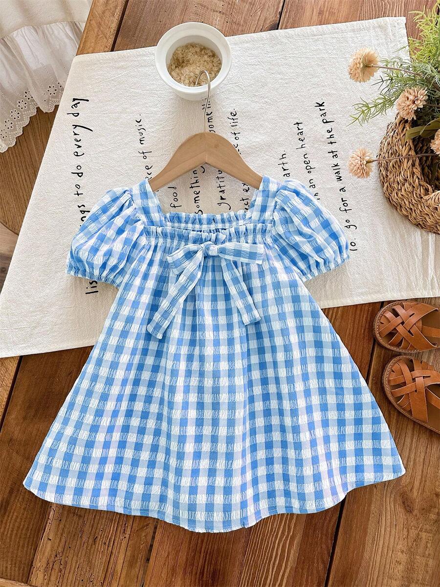 Baby Girl Plaid Bow Detail Short Sleeve Dress Cute Summer Vacation Outfit