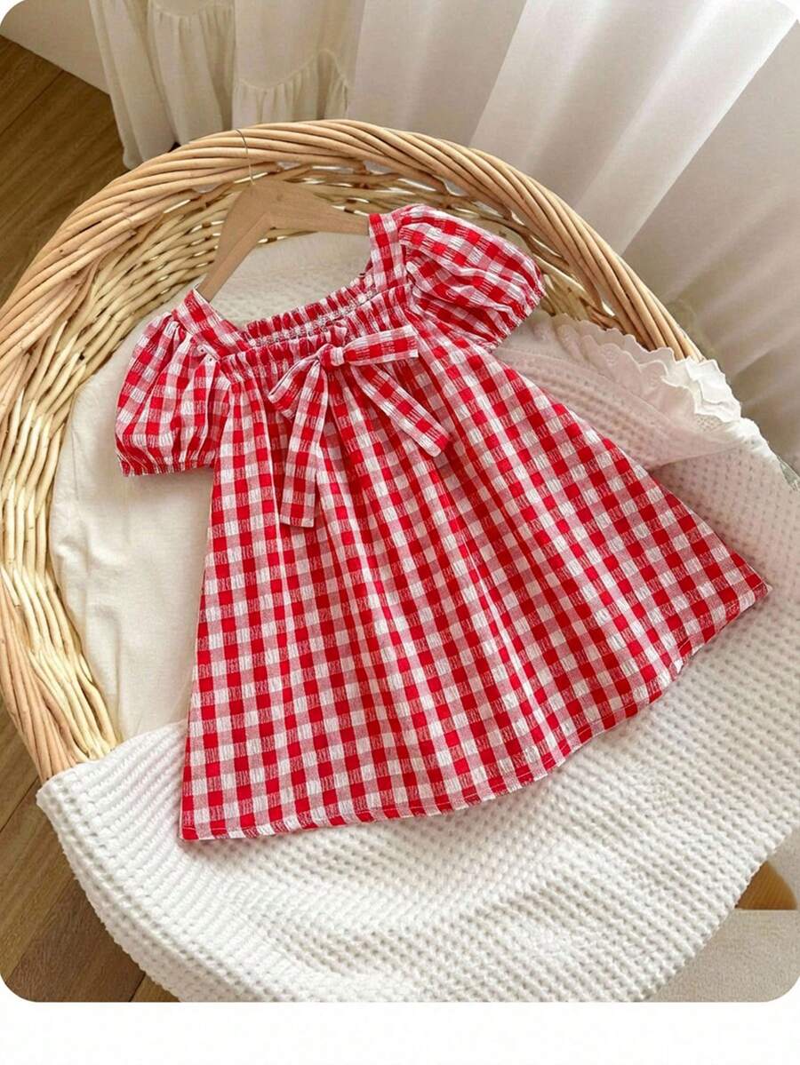 Green Plaid Short Sleeve Dress for Baby Girls - Cute Bow Accent Summer Outfit
