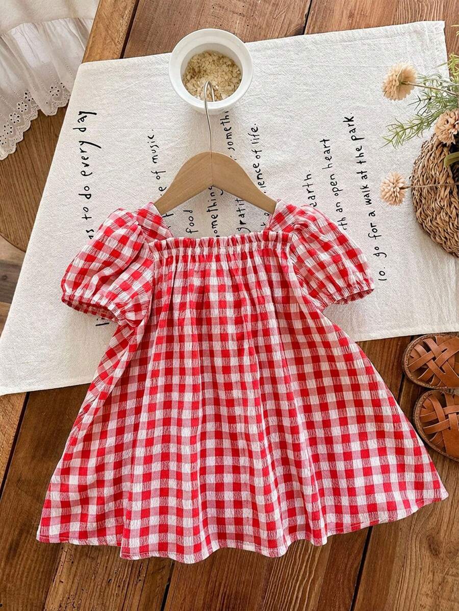 Baby Girl Plaid Bow Detail Short Sleeve Dress Cute Summer Vacation Outfit