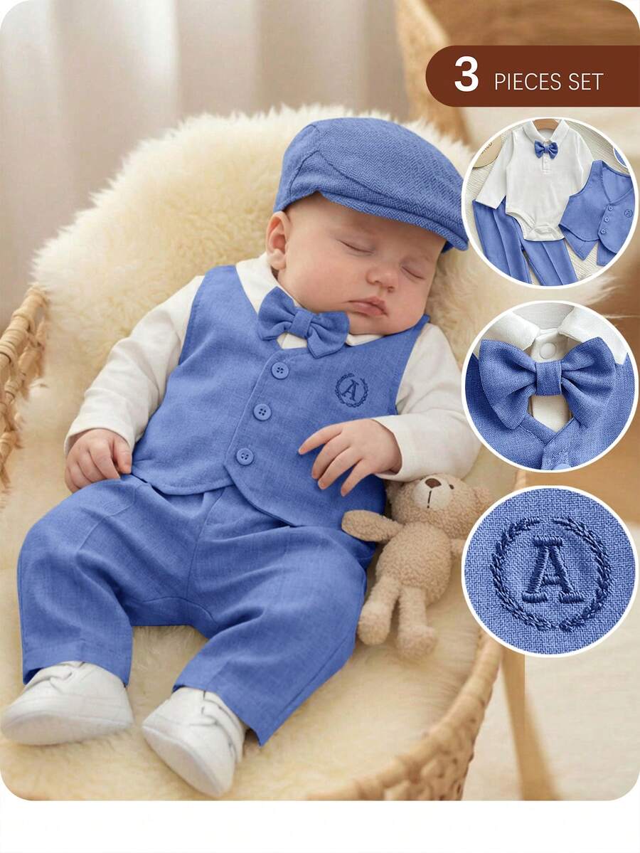 3pcs Baby Boy Preppy Outfit Set With Vest Jacket Bow Tie Romper And Pants