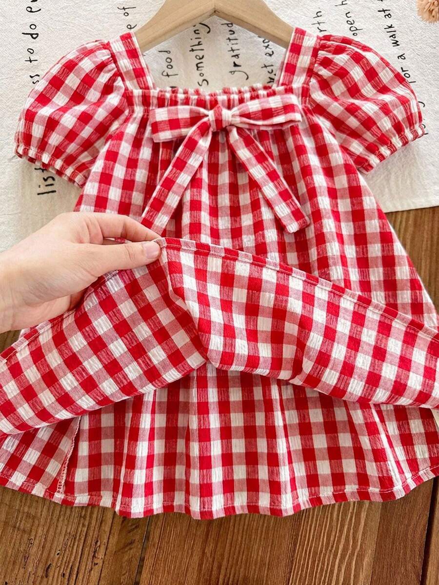 Green Plaid Short Sleeve Dress for Baby Girls - Cute Bow Accent Summer Outfit