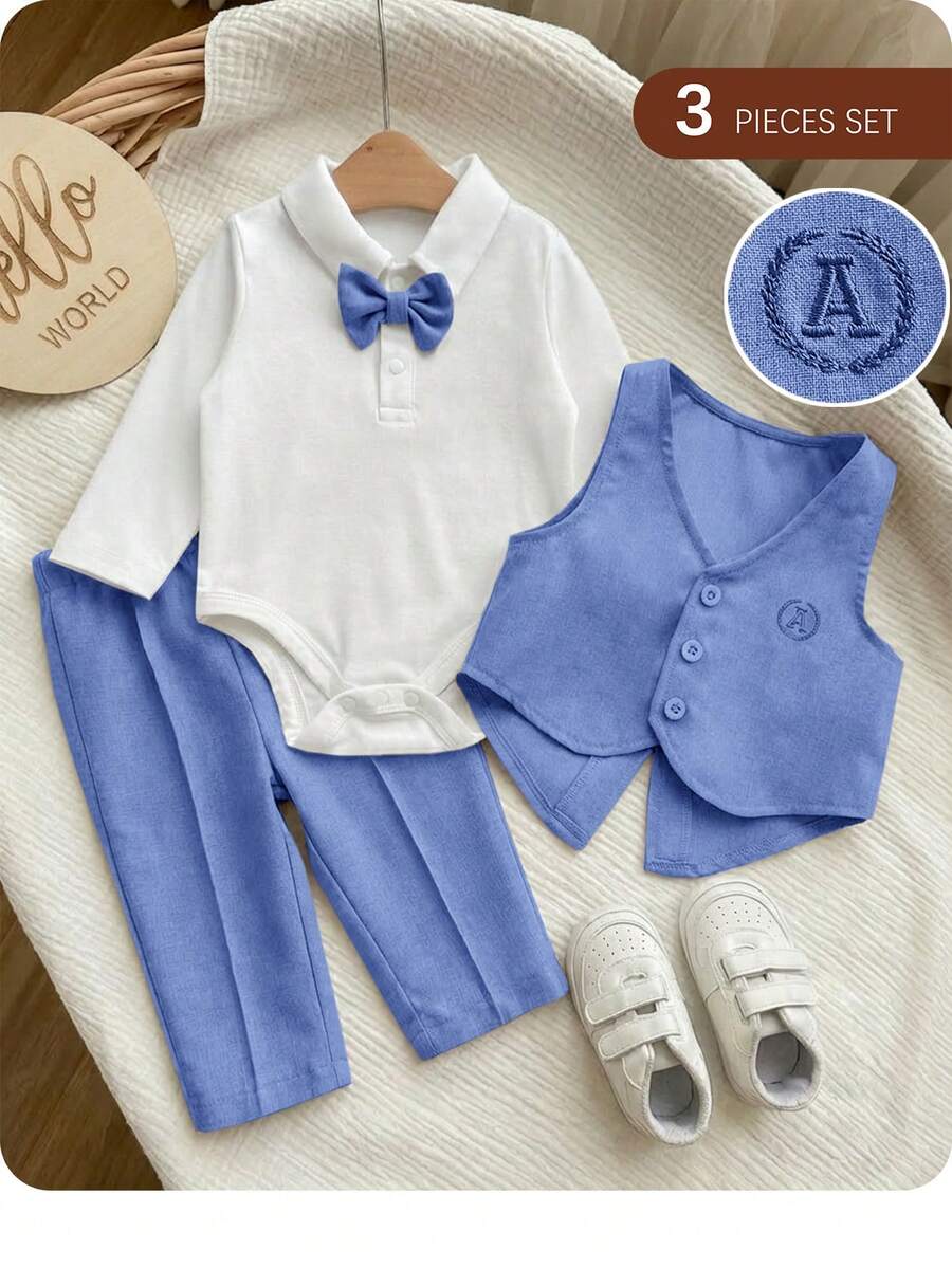 3pcs Baby Boy Preppy Outfit Set With Vest Jacket Bow Tie Romper And Pants