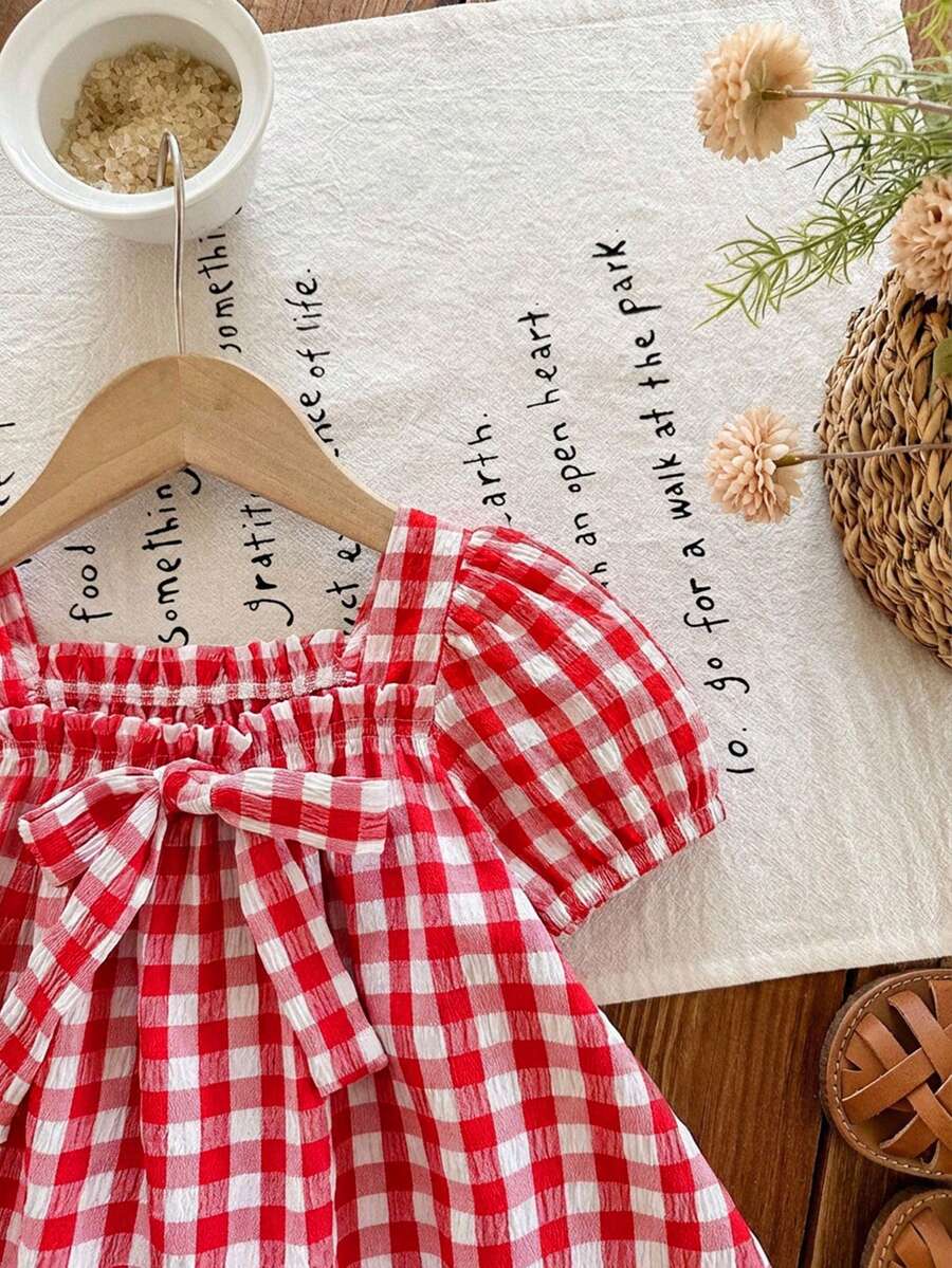Baby Girl Plaid Bow Detail Short Sleeve Dress Cute Summer Vacation Outfit