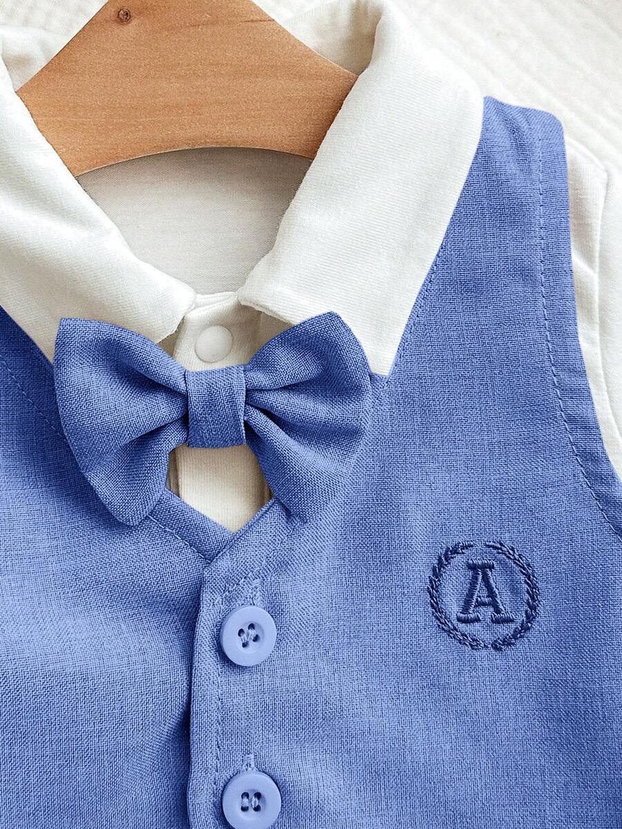3pcs Baby Boy Preppy Outfit Set With Vest Jacket Bow Tie Romper And Pants
