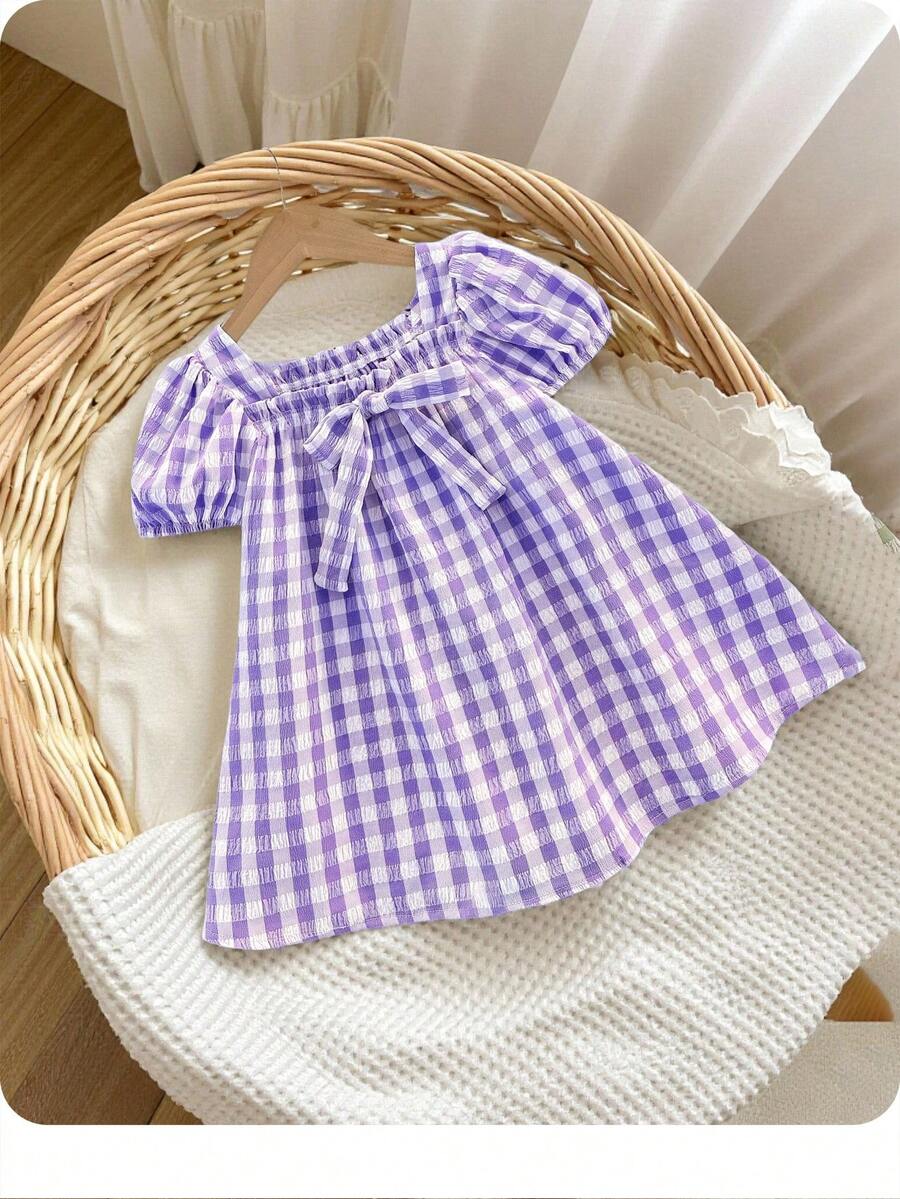 Baby Girl Plaid Bow Detail Short Sleeve Dress Cute Summer Vacation Outfit